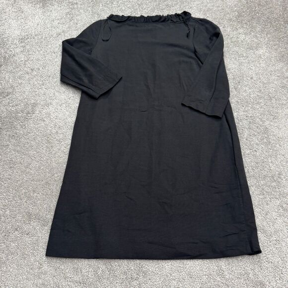 COS Midi Shift Dress Womens 4 Black Long Sleeve Ruffled Boat Neck Pocket Classic - Picture 1 of 16